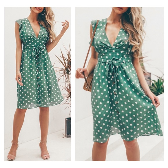 V-Neck Polka Dot Green Midi Belted Dress - Picture 4 of 9
